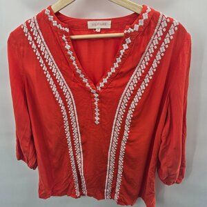 Solitare Red Embroidered Boho V-Neck 3/4 sleeve Blouse Medium